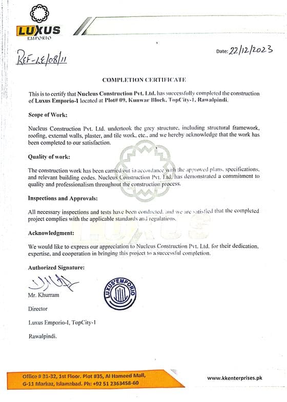 Project Completion Certificate — Askari Tower-III